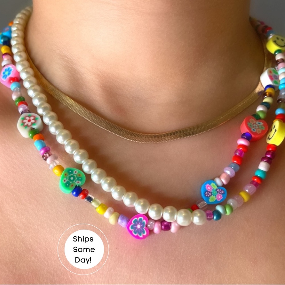 Chunky Happy Face & Flowers Beaded Handmade Necklace